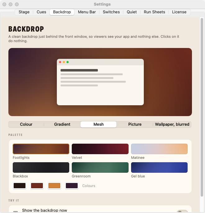 Stagehand’s Backdrop settings with a mesh preview behind a window and six palettes: Footlights, Velvet, Matinee, Blackbox, Greenroom and Gel blue