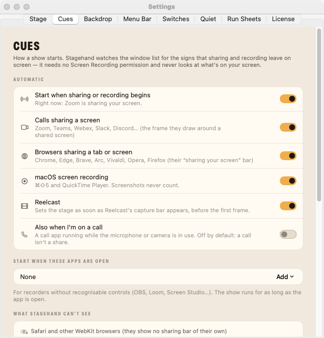 Stagehand’s Cues settings: start when sharing or recording begins, for calls, browsers, macOS screen recording and Reelcast, and what it can’t see