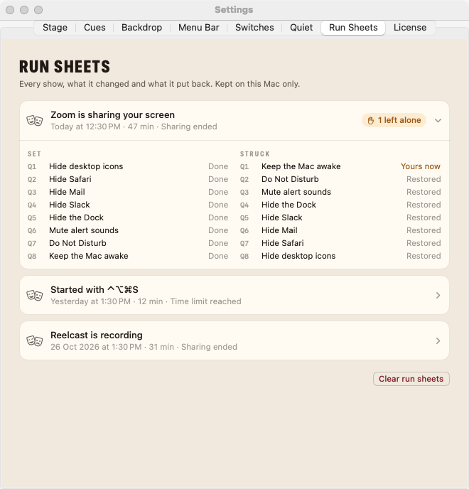 Stagehand’s Run Sheets settings showing a Zoom show: eight cues set, then struck in reverse, with one left alone